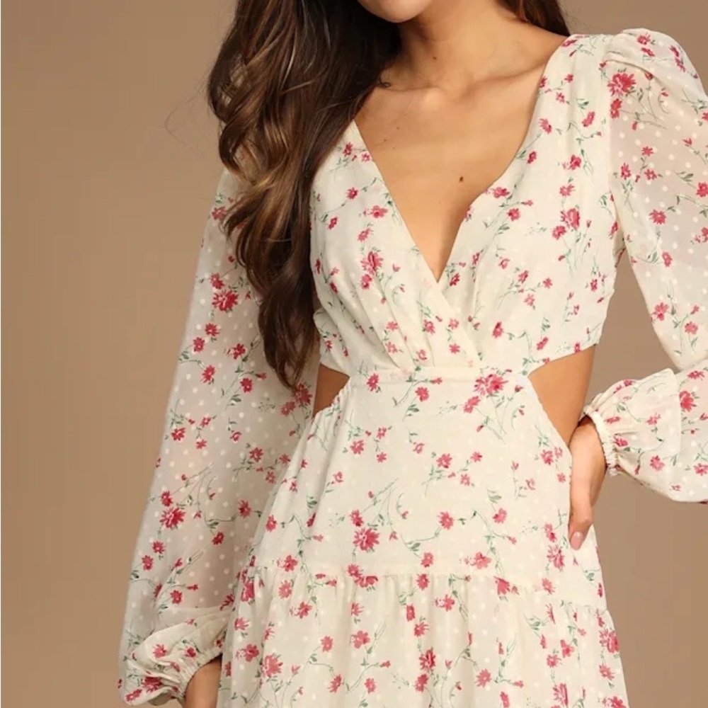 Lulu's Floral Cream Dress with Pink Accents